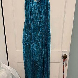 Blue Sequin Halter Prom Dress